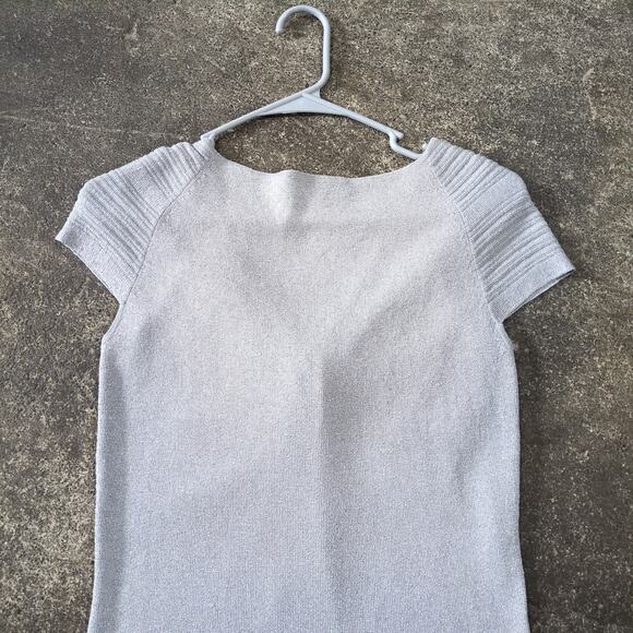 White House Black Market Tie Front Top Womens M Silver Gray Cap Sleeve Shimmer - Picture 4 of 8